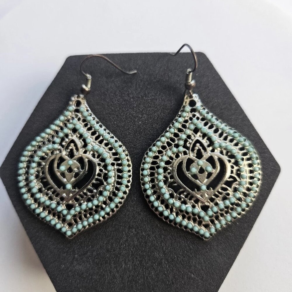 Filigree BOHO Drop Earrings Turquoise Stones Tear Drop Dangling 2.25" Drop Hook